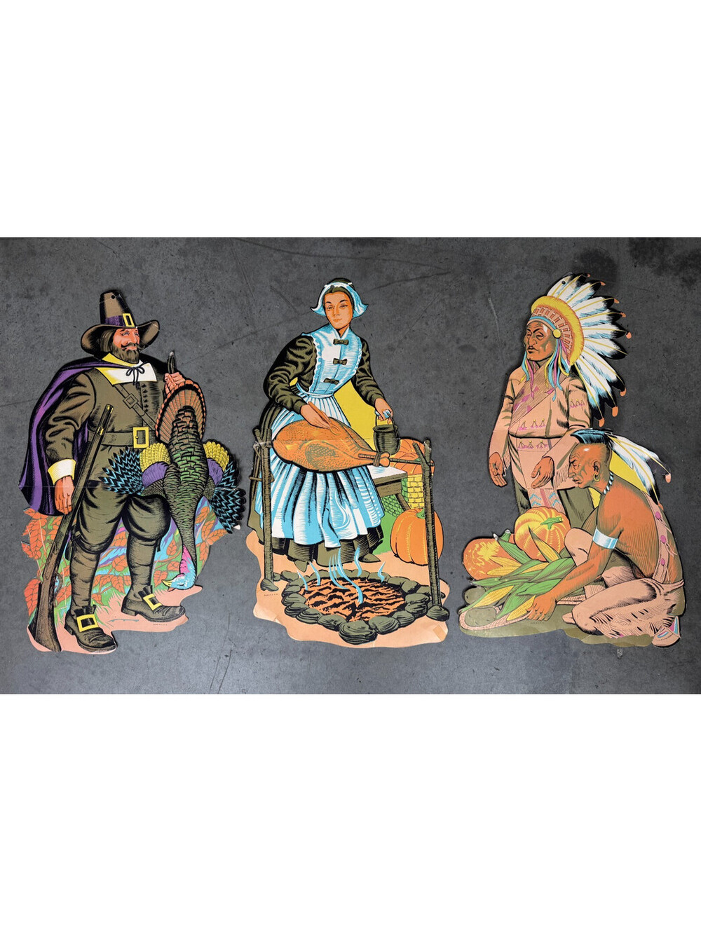 Vintage Beistle Thanksgiving Die Cut Cutouts Pilgrim Native American Turkey Lot